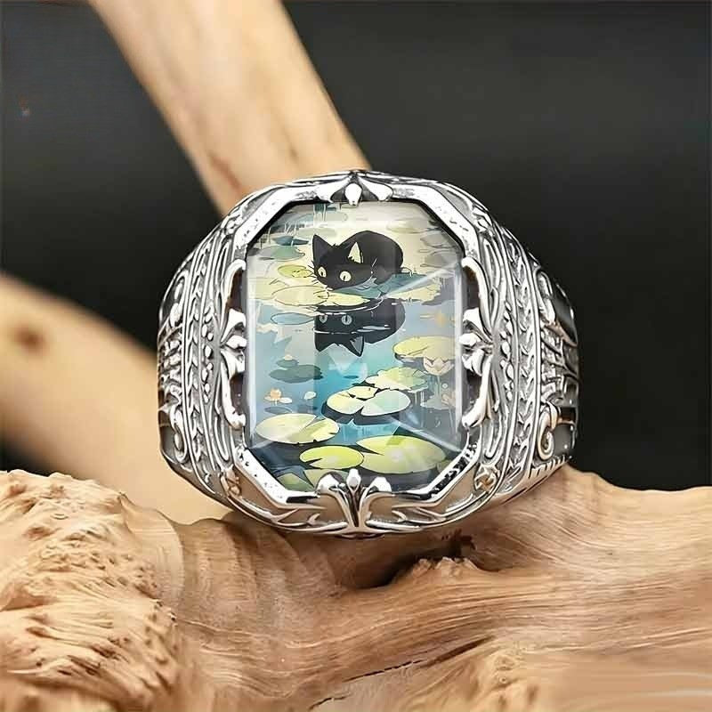 Black Cat Water Lily Square Ring
