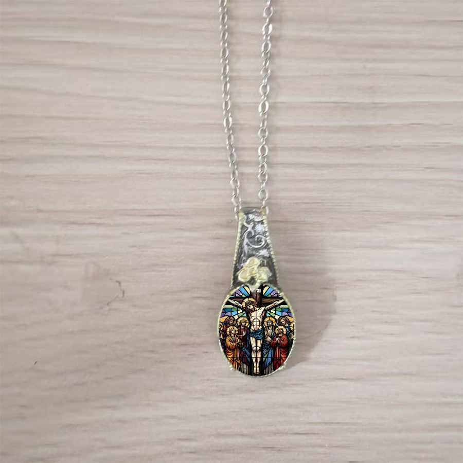 Stained Glass Crucifix Oval Necklace