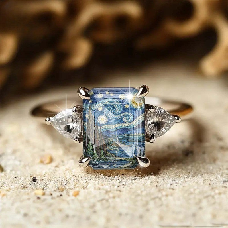 Starry Night Cypress Tree Square Ring