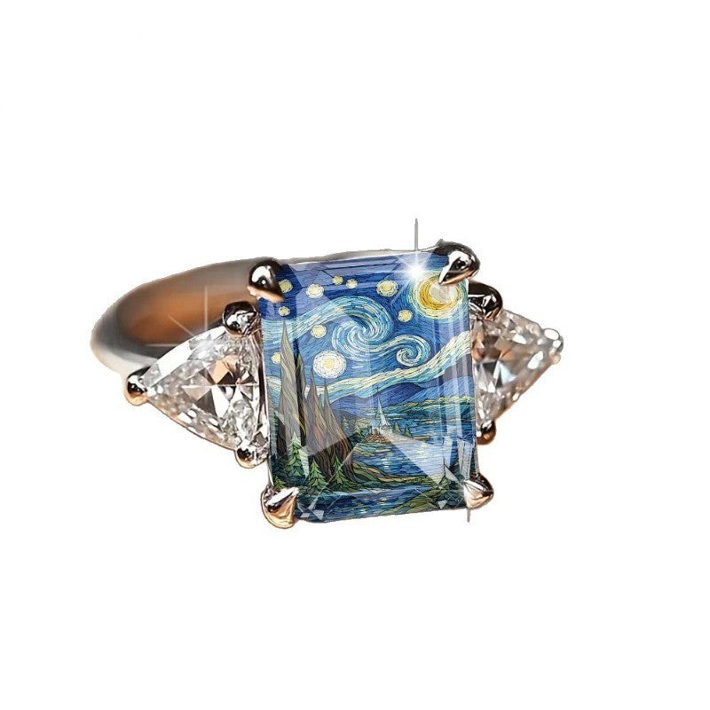 Starry Night Cypress Tree Square Ring