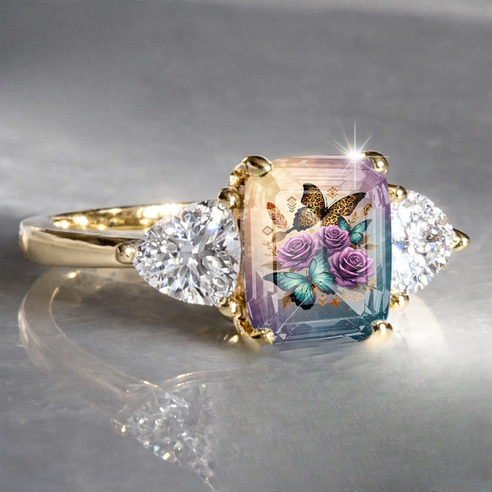 Floral Butterfly Three Stone Ring