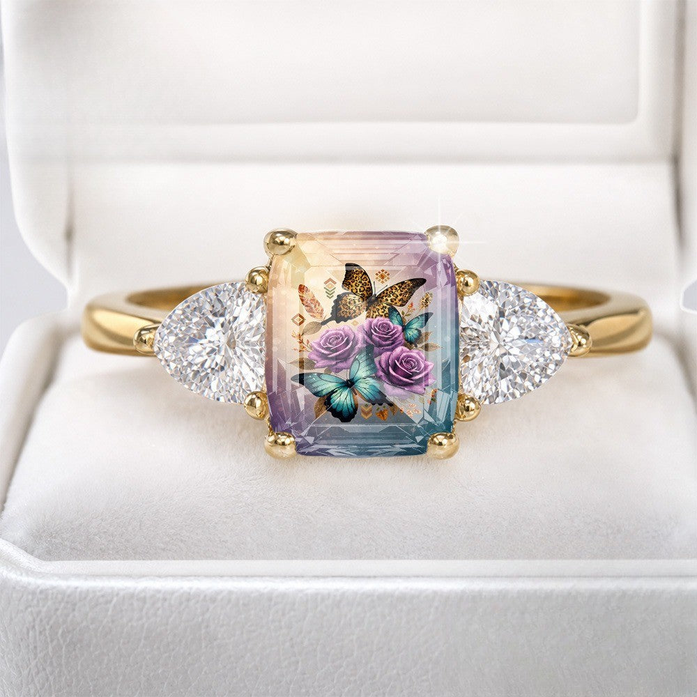 Floral Butterfly Three Stone Ring