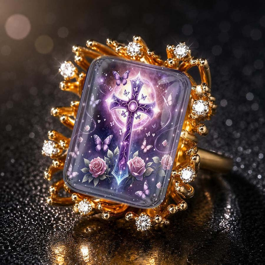 Purple Cross & Rose Square Ring