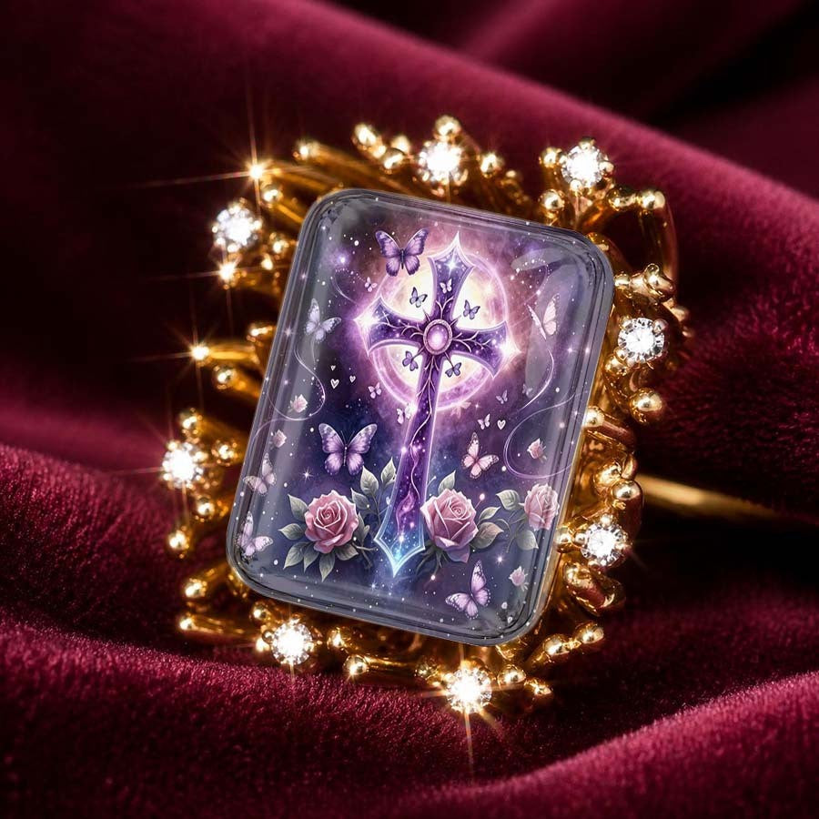 Purple Cross & Rose Square Ring