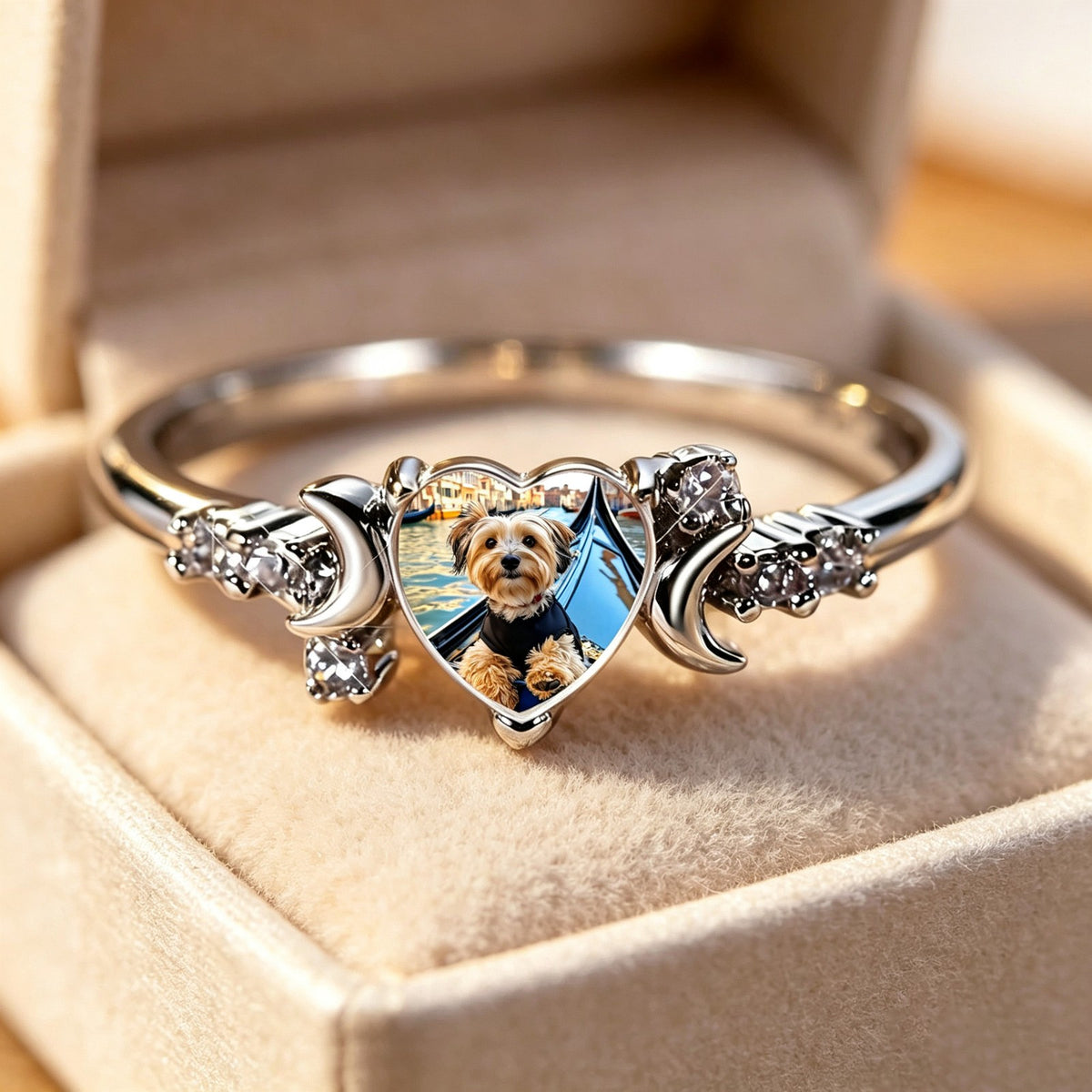 Yorkie Portrait Heart & Moon Ring