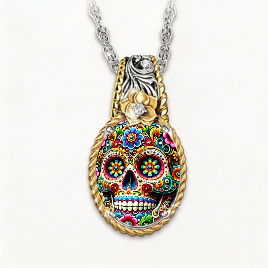 Multicolor Floral Skull Pendant Necklace