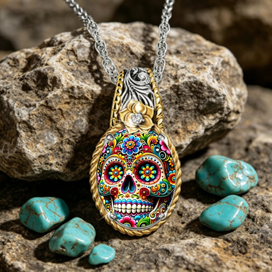 Multicolor Floral Skull Pendant Necklace