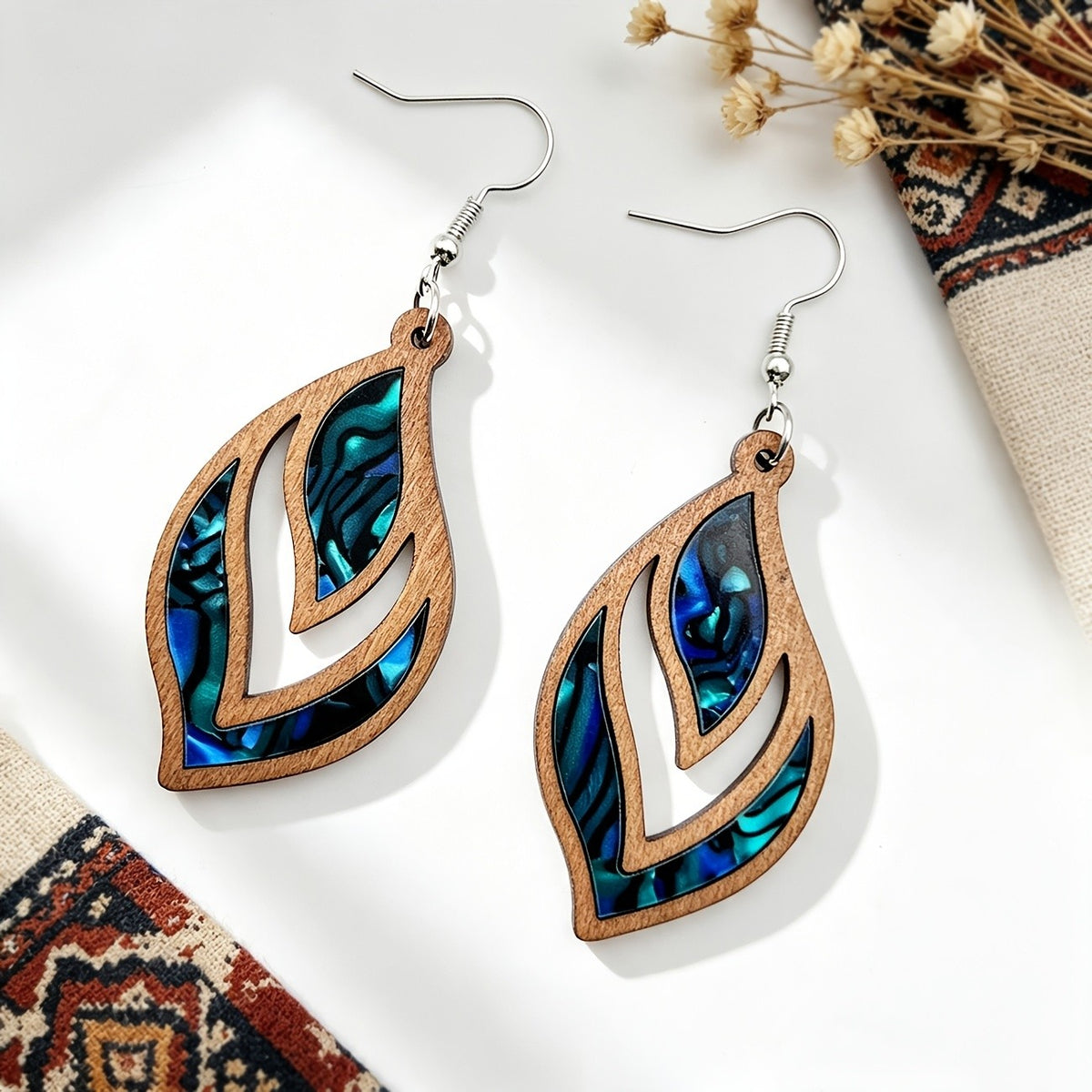Wooden Leaf Inlay Earrings