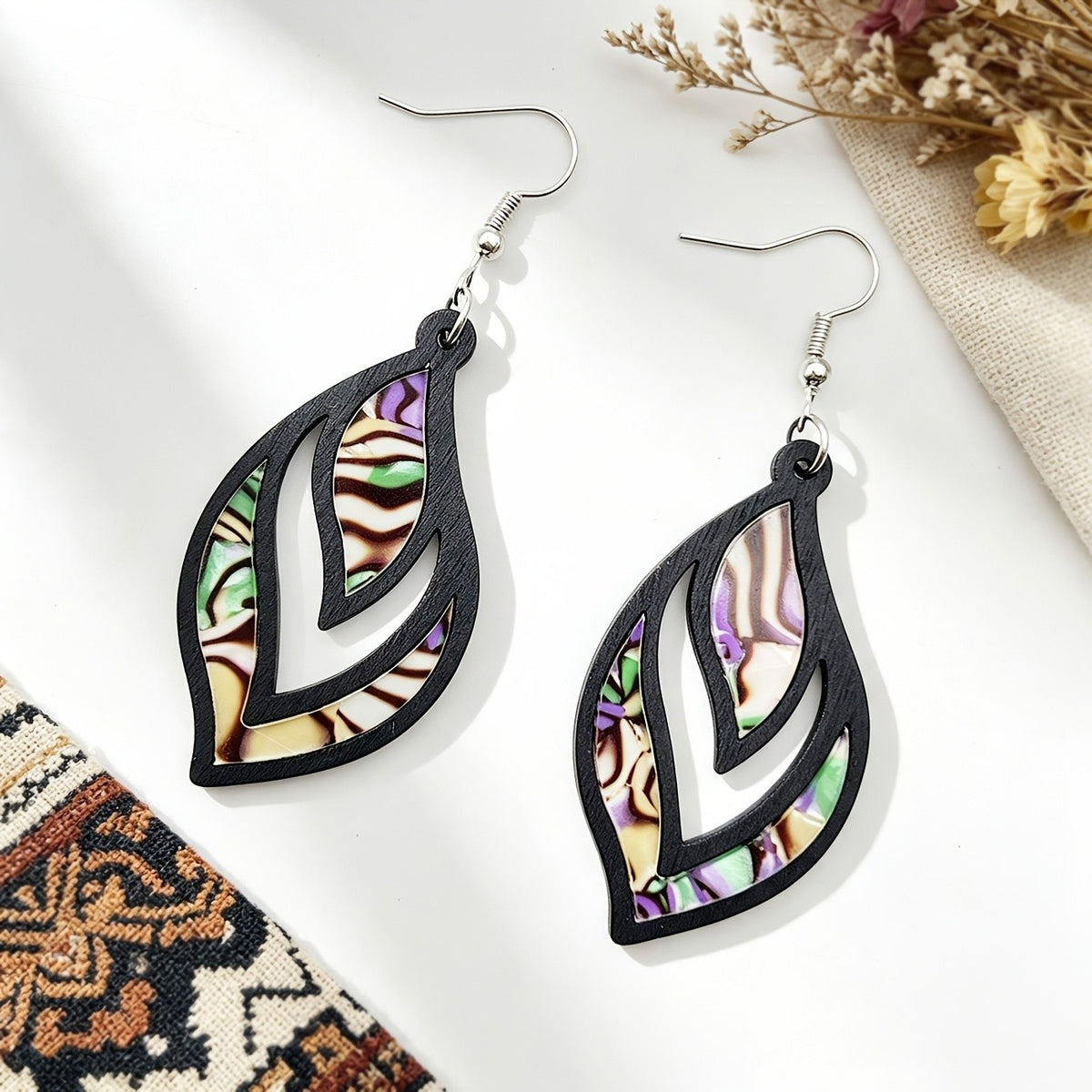 Wooden Leaf Inlay Earrings