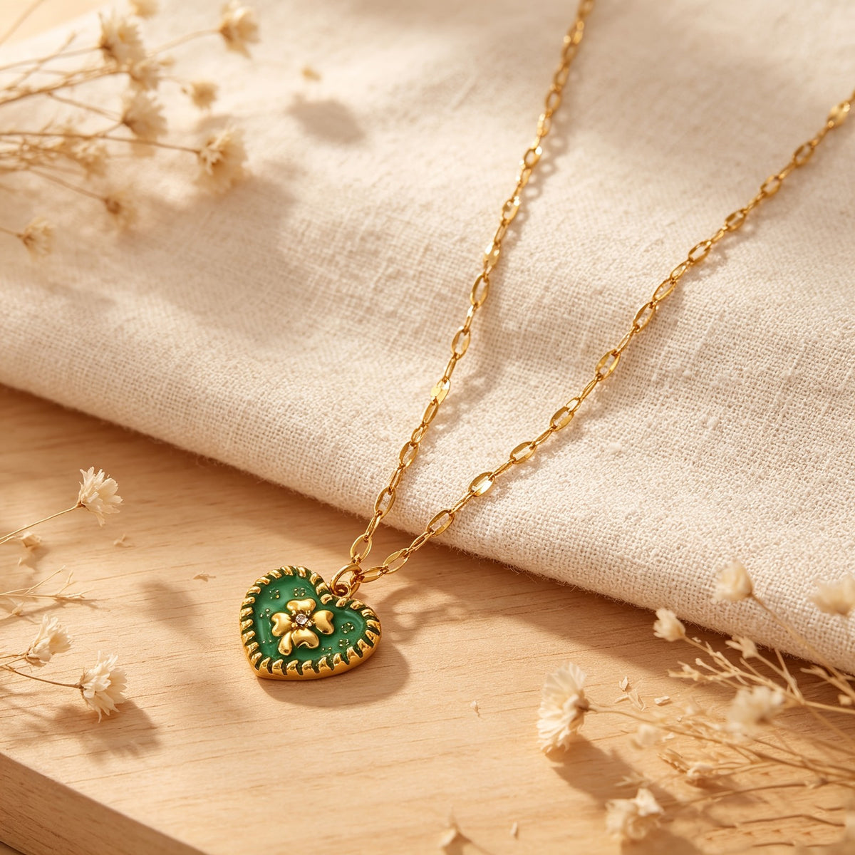Green Enamel Heart Clover Necklace