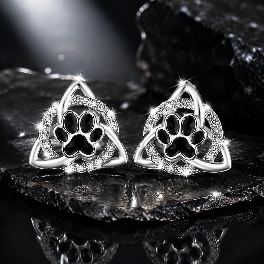 Black Paw Triangle Stud Earrings