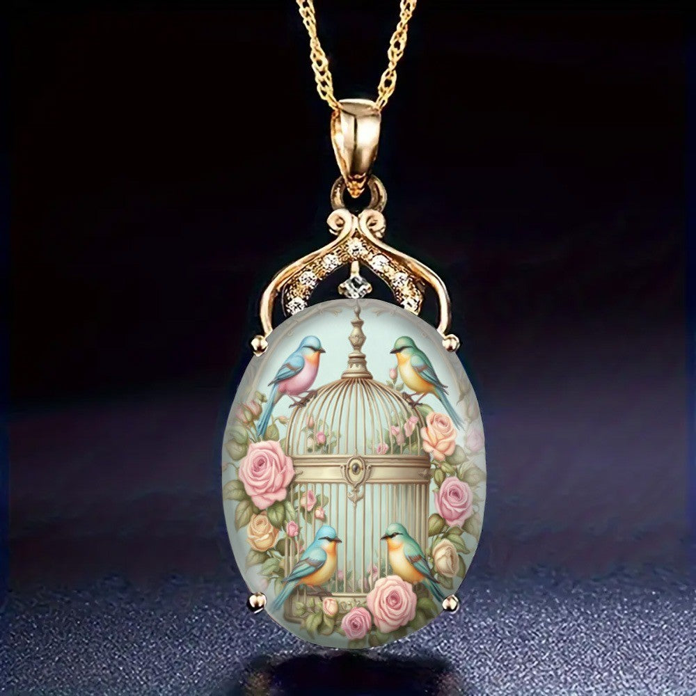 Birdcage & Rose Oval Pendant Necklace