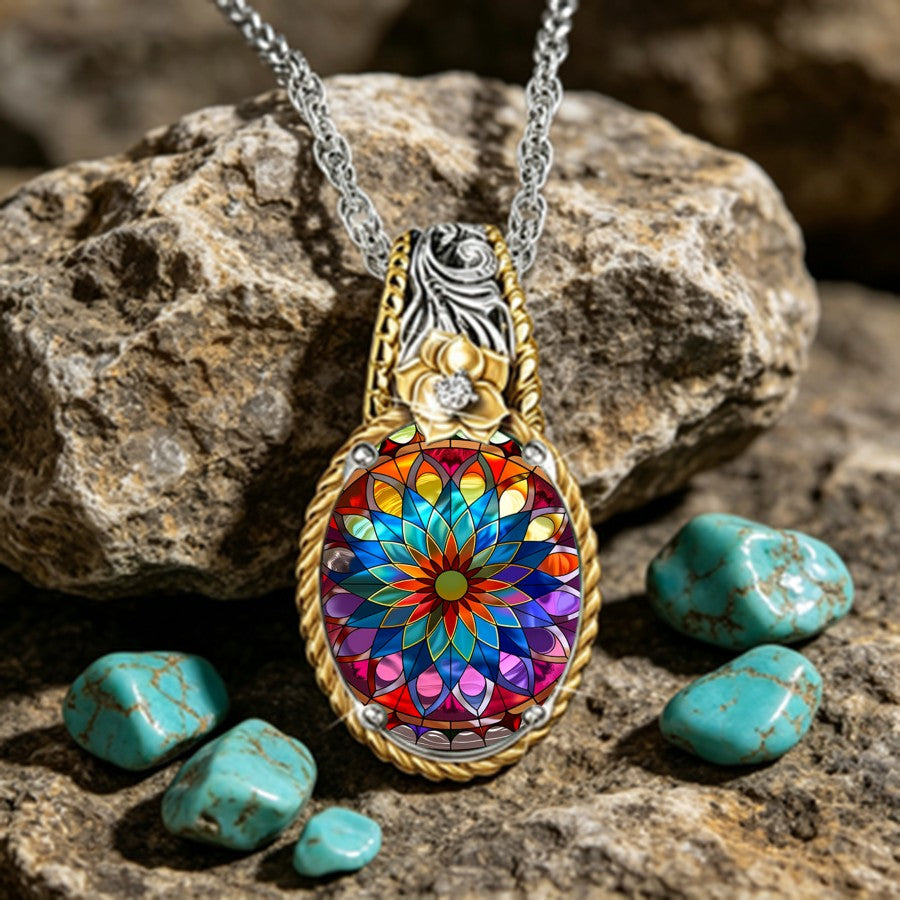 Colorful Stained Glass Mandala Pendant Necklace