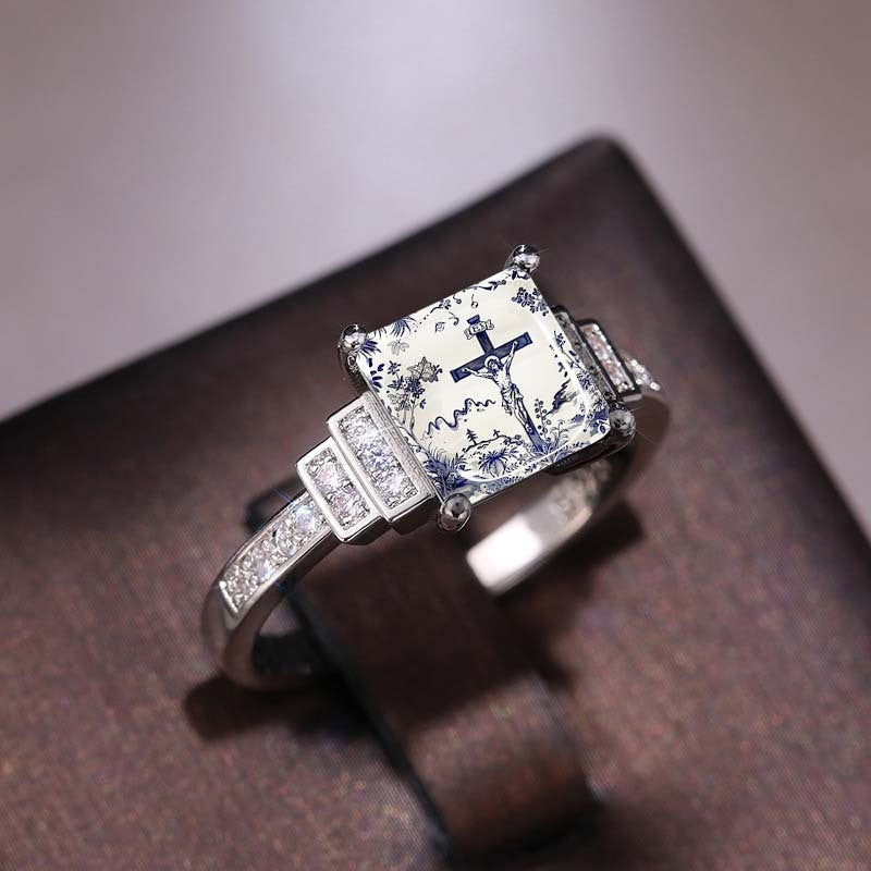 Blue Floral Cross Square Ring