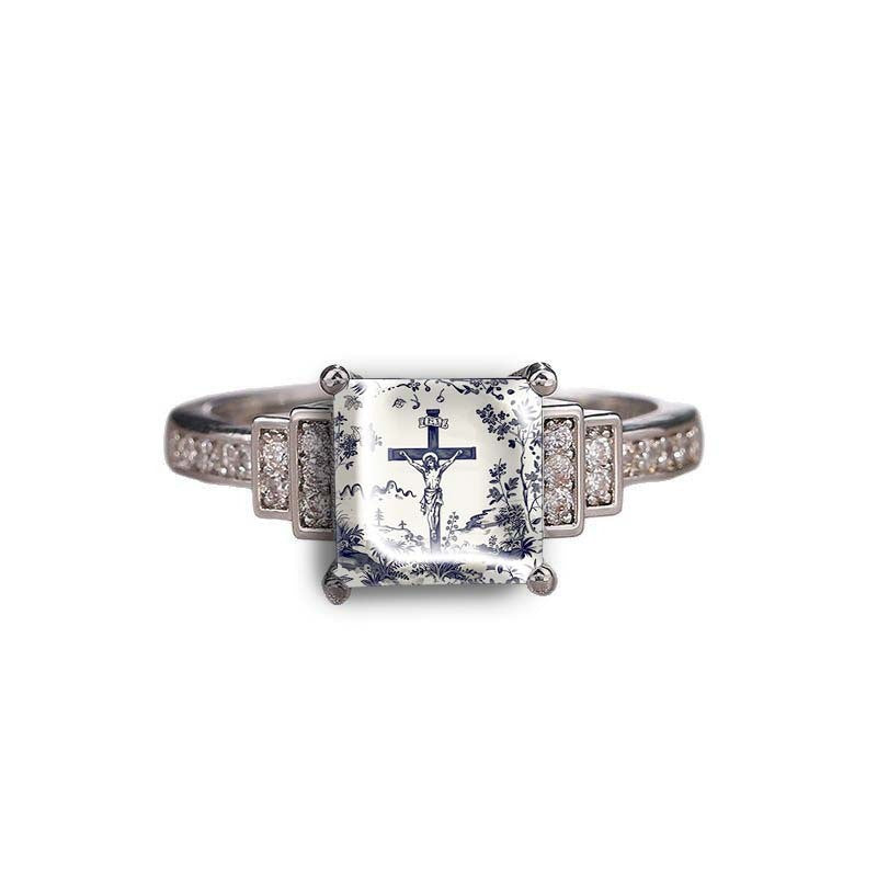Blue Floral Cross Square Ring