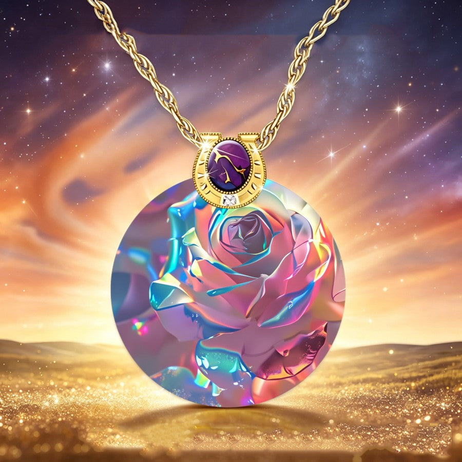Holographic Rose Disc Necklace