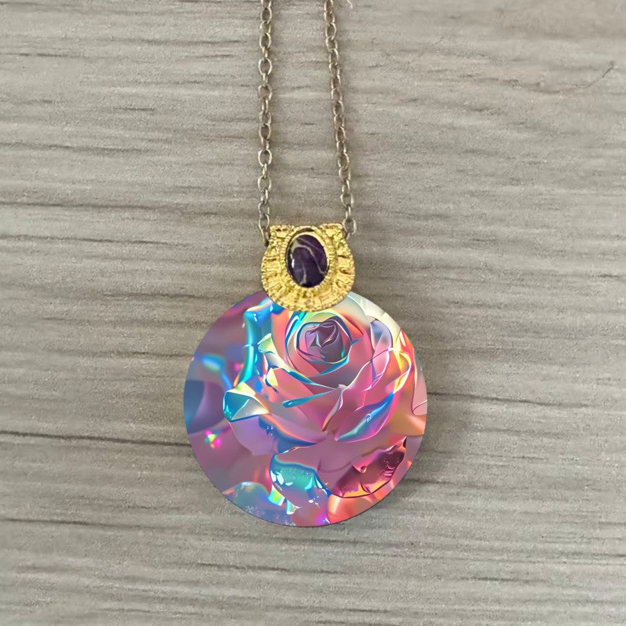 Holographic Rose Disc Necklace
