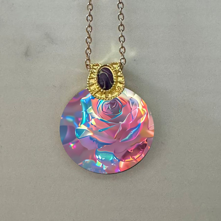 Holographic Rose Disc Necklace