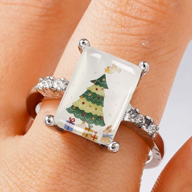 Christmas Tree & Bunny Rectangular Ring