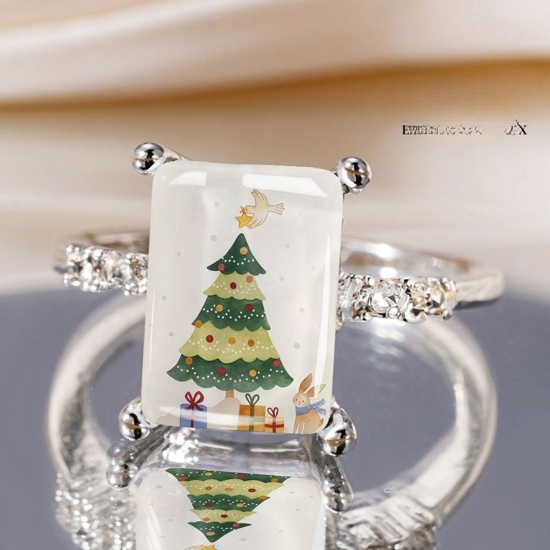 Christmas Tree & Bunny Rectangular Ring