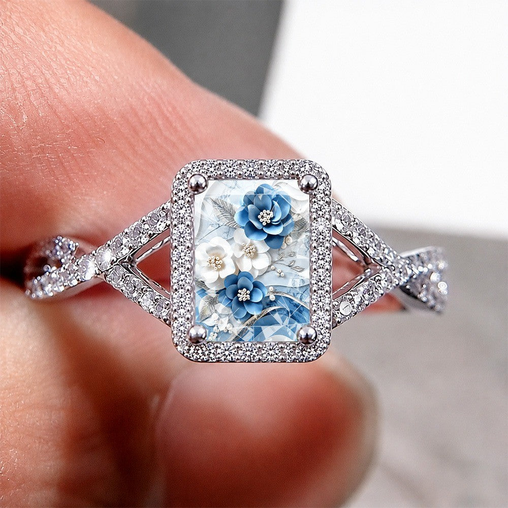 Blue and White Floral Glass Square Ring