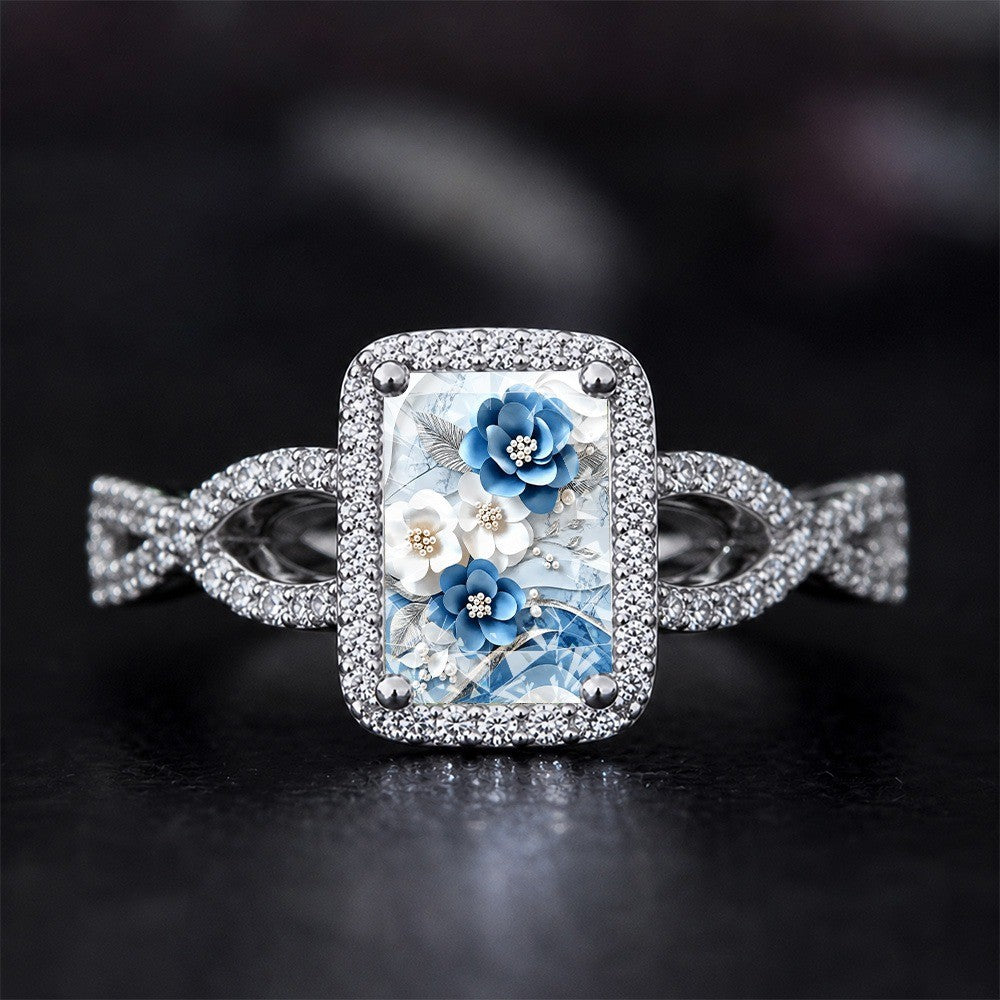 Blue and White Floral Glass Square Ring