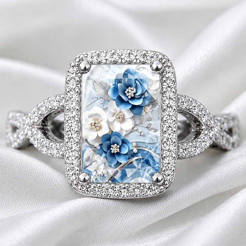 Blue and White Floral Glass Square Ring