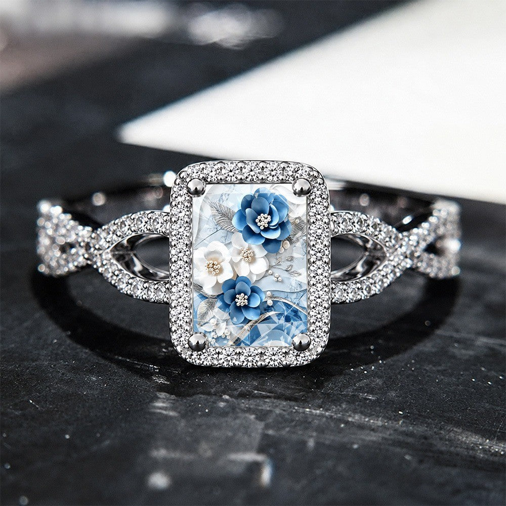 Blue and White Floral Glass Square Ring