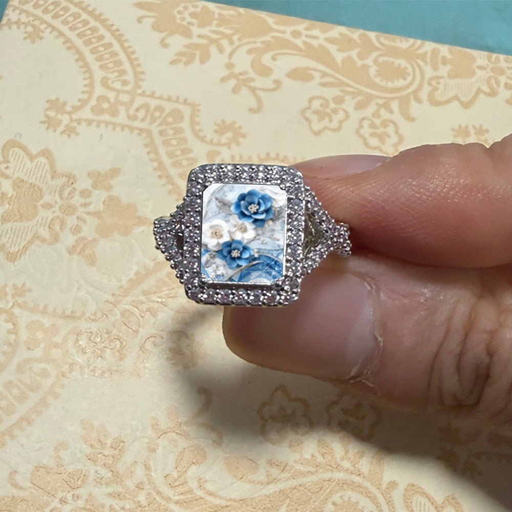 Blue and White Floral Glass Square Ring