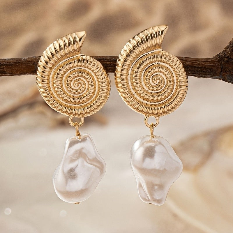 Spiral Shell Pearl Drop Earrings