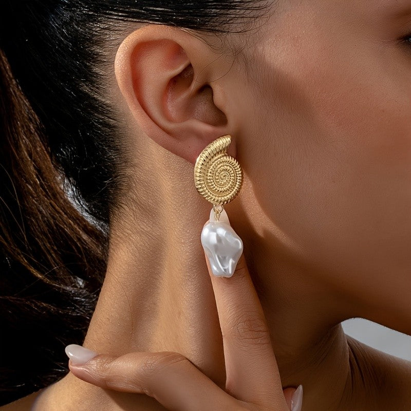 Spiral Shell Pearl Drop Earrings