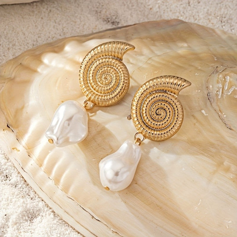 Spiral Shell Pearl Drop Earrings