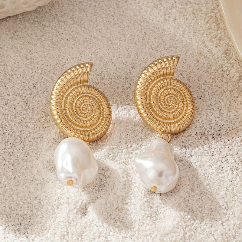 Spiral Shell Pearl Drop Earrings