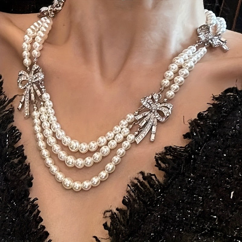 Crystal Bow Pearl Layered Necklace