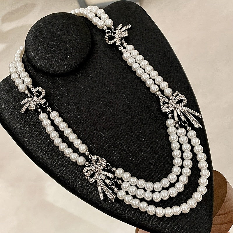 Crystal Bow Pearl Layered Necklace