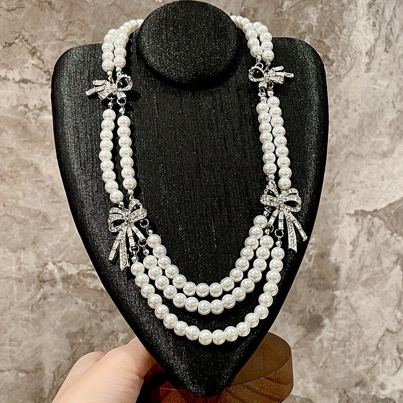 Crystal Bow Pearl Layered Necklace
