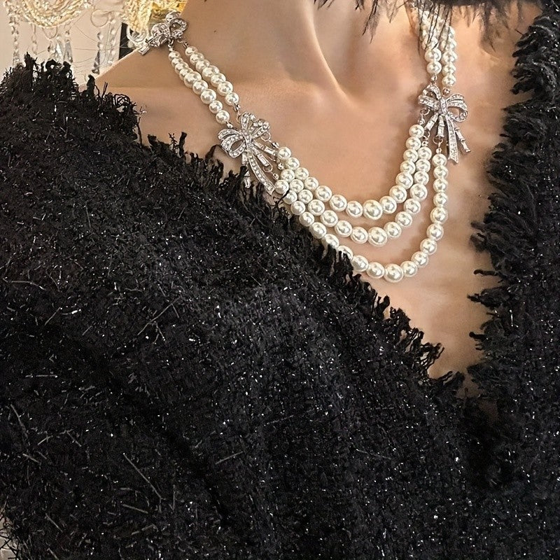 Crystal Bow Pearl Layered Necklace