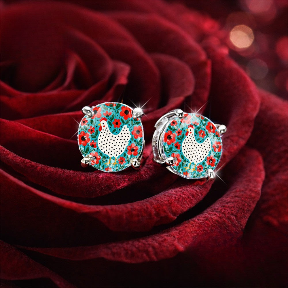 White Hen Floral Dome Stud Earrings