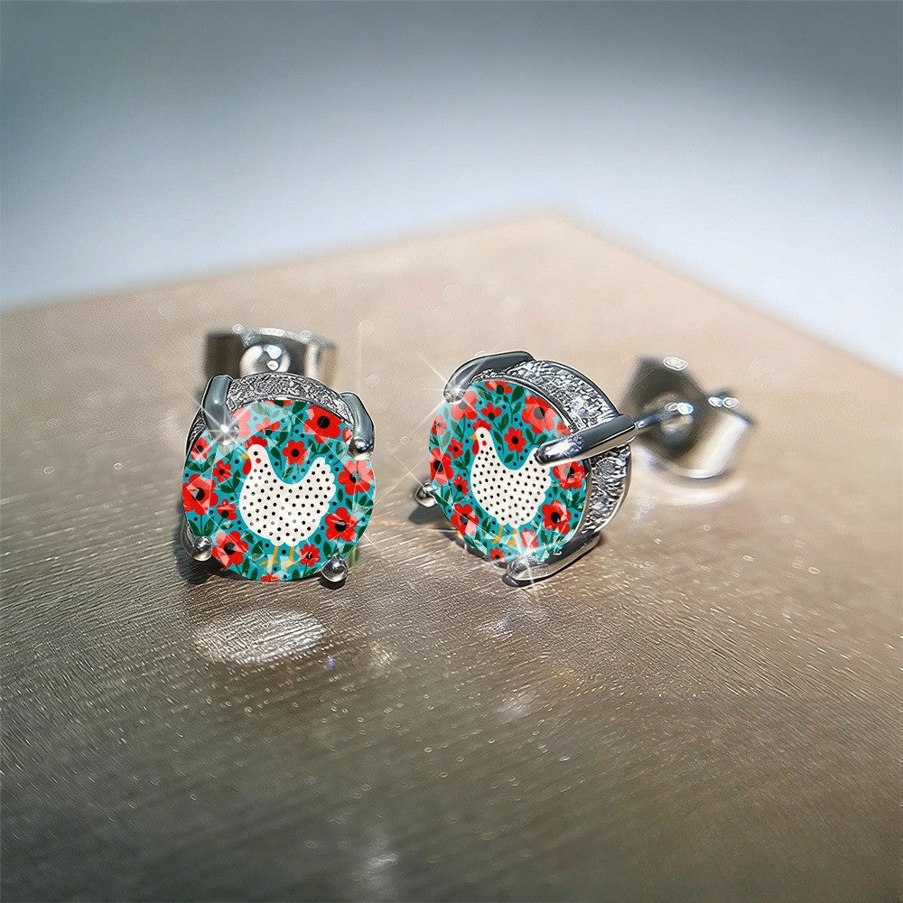 White Hen Floral Dome Stud Earrings