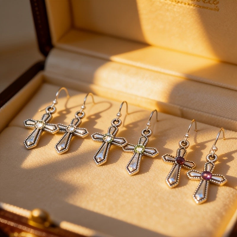 Purple Stone Cross Earrings