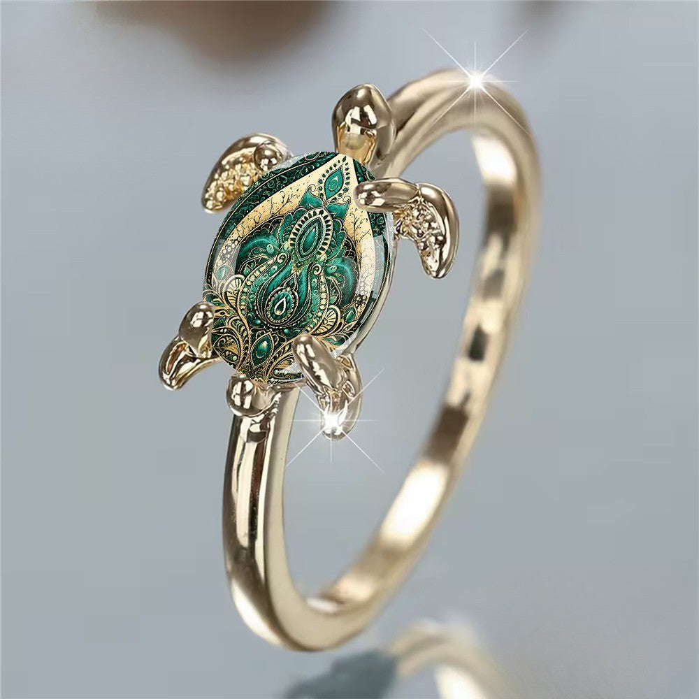 Green Mandala Turtle Ring