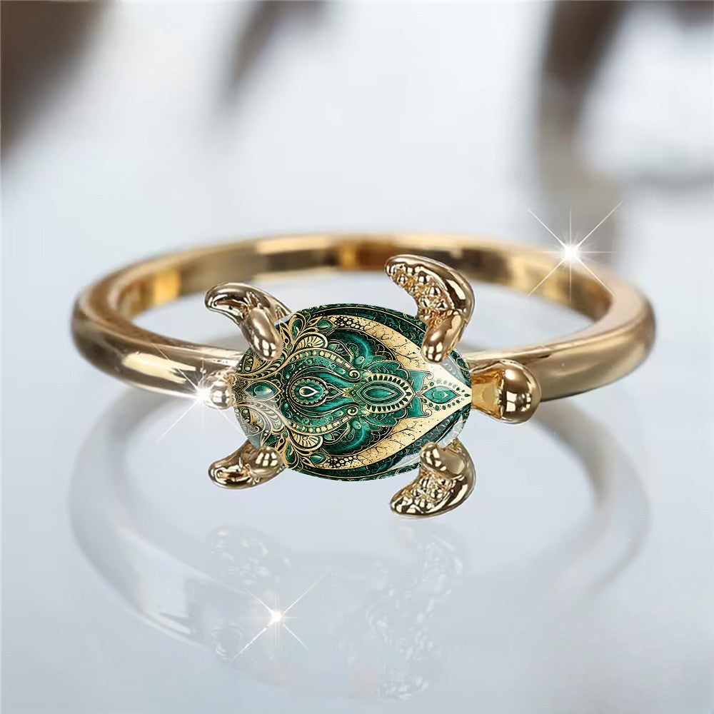 Green Mandala Turtle Ring