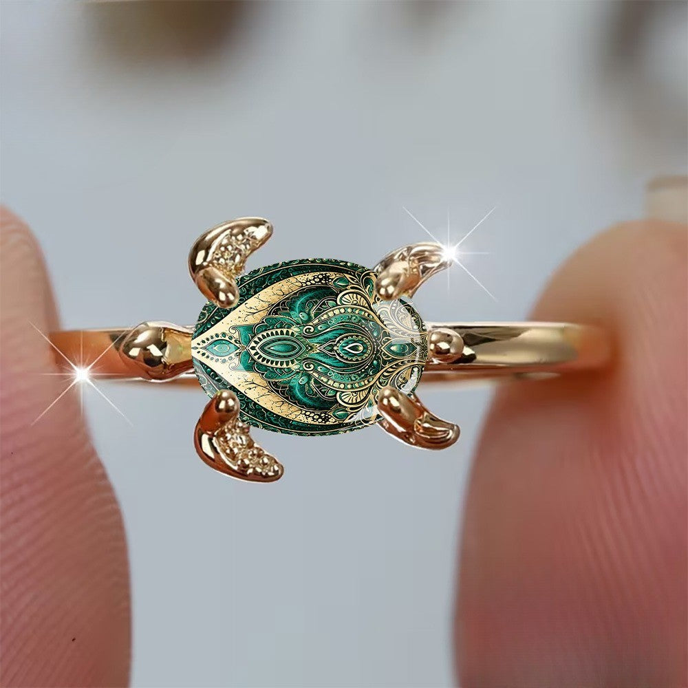 Green Mandala Turtle Ring
