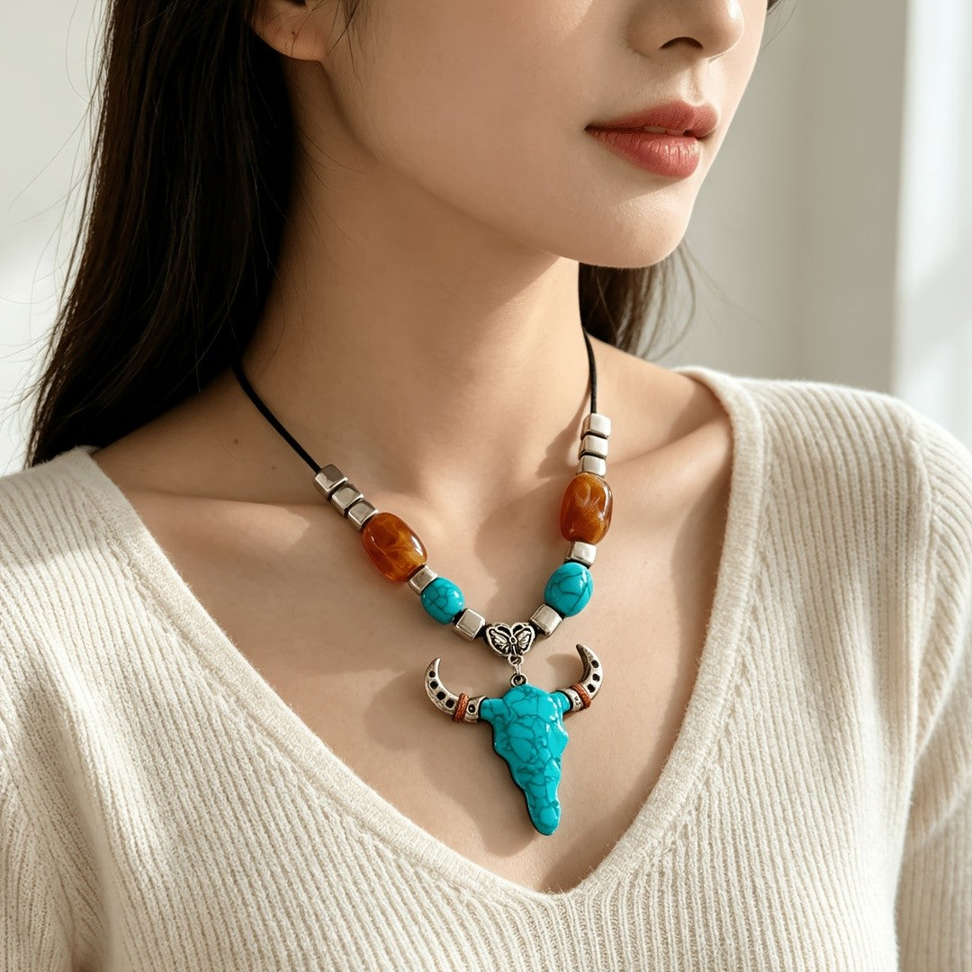 Turquoise Bull Head & Amber Bead Necklace