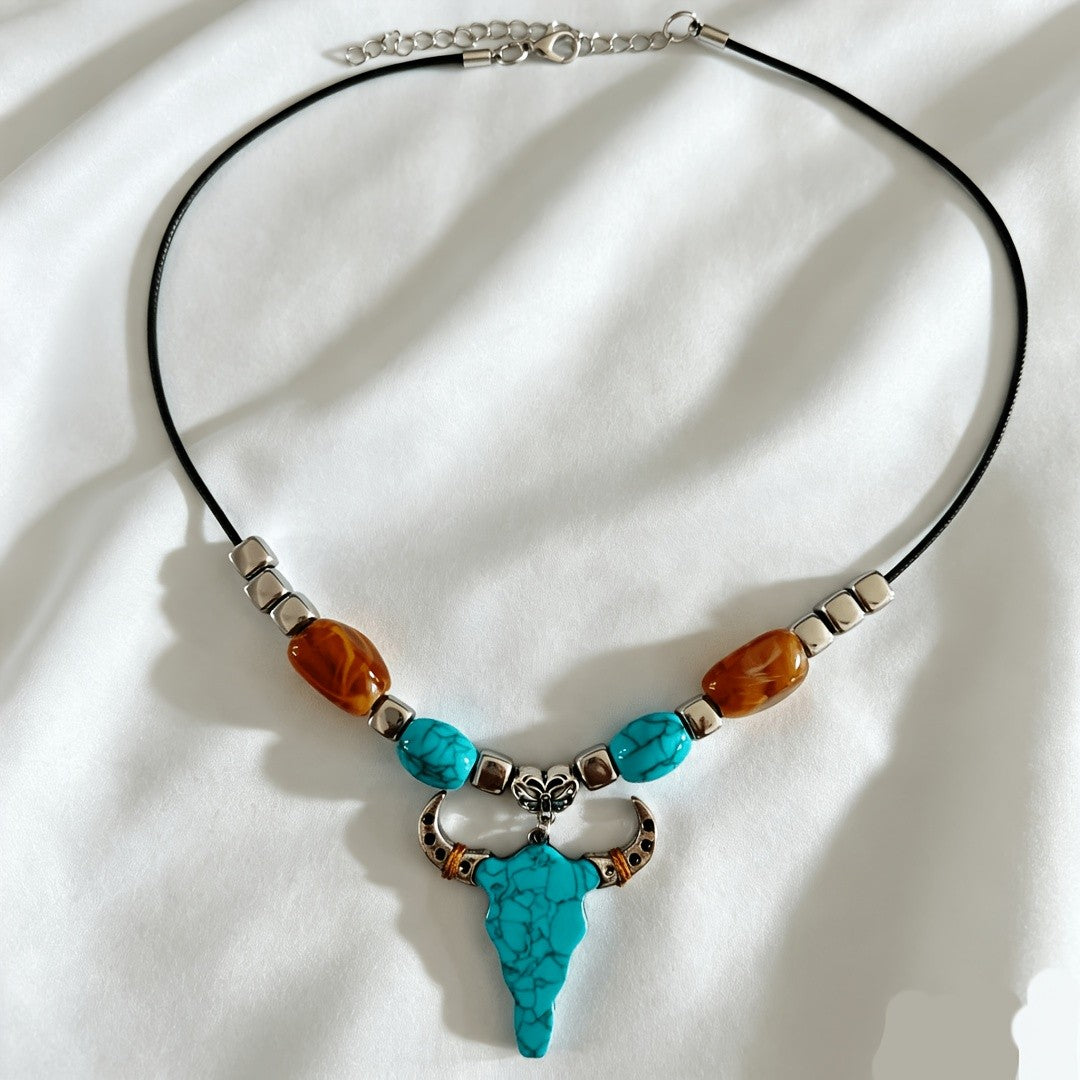 Turquoise Bull Head & Amber Bead Necklace