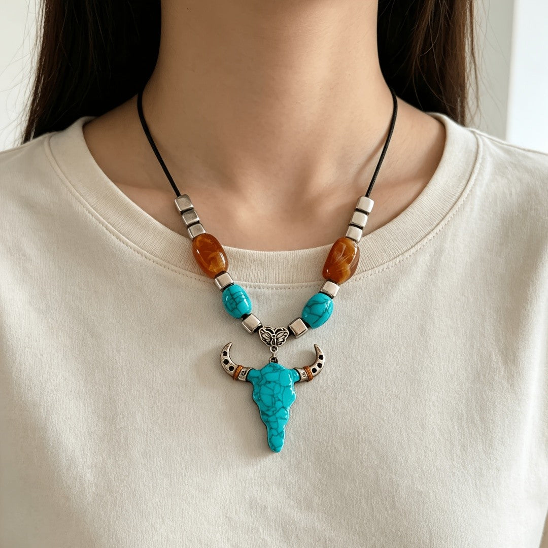 Turquoise Bull Head & Amber Bead Necklace