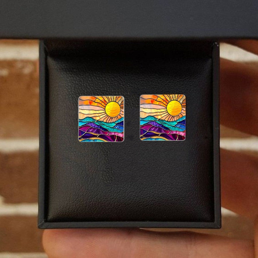 Stained Glass Sun Square Stud Earrings