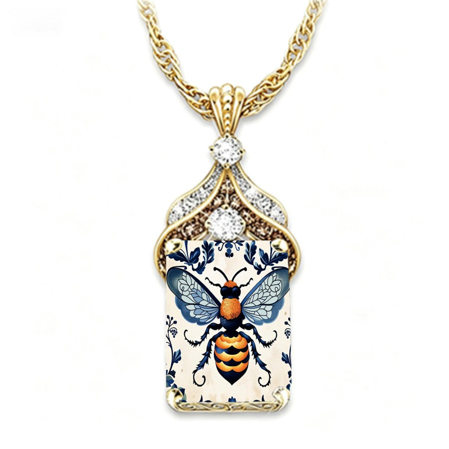 Ornate Bee Square Pendant Necklace