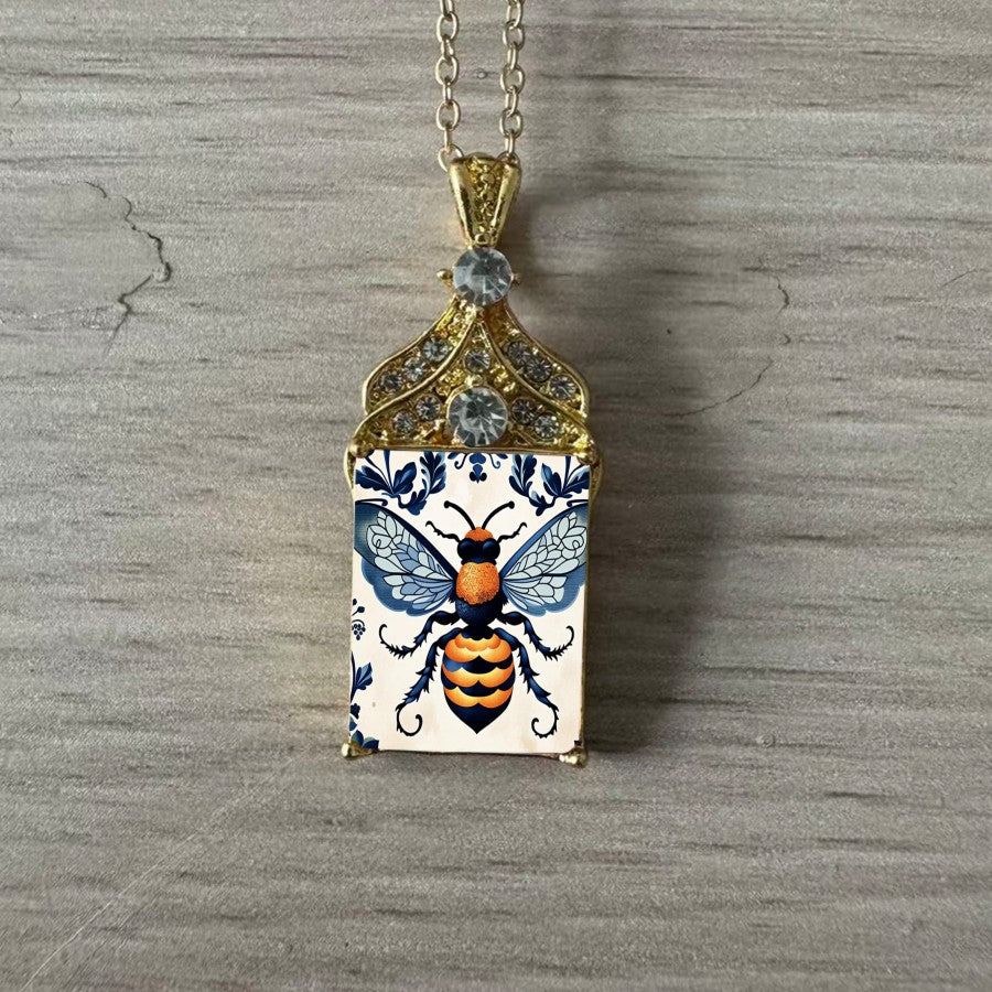 Ornate Bee Square Pendant Necklace