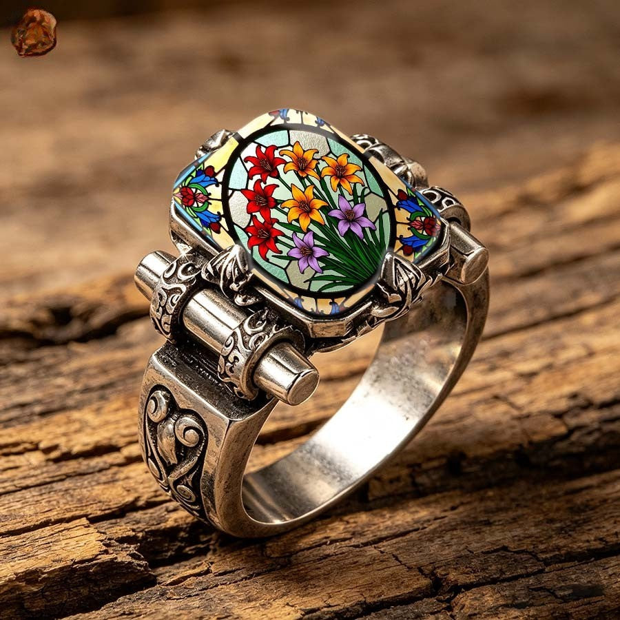 Stained Glass Floral Barrel Ring